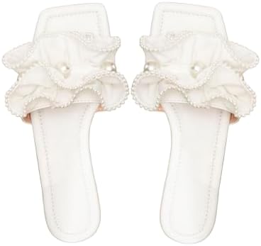 Ruffle Pearl Sandals Wedding Square Toe Slip on Slides Summer Slippers White 9