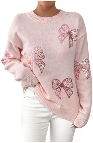 Sequin Bow Sweater Coquette Drop Shoulder Pullover Knit Tops Pink Medium