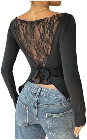 Sexy Lace Long Sleeve Top Sheer Asymmetrical Fitted Going Out Tops Date Night