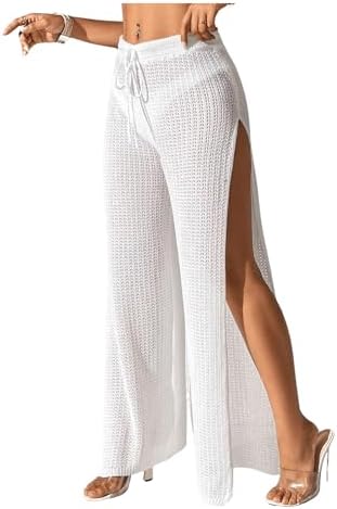 Sheer Crochet Cover Up Pants High Split Drawstring Waist Beach Long Pants for