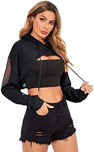 Sheer Fishnet Drop Shoulder Drawstring Hoodie Crop Sweatshirt Black M