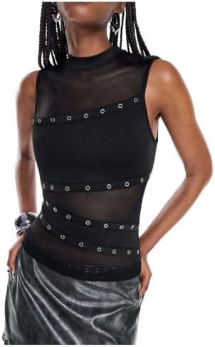 Sheer Mesh Tops Metal Eyelet Sleeveless Asymmetrical Tops Punk Outfits Black
