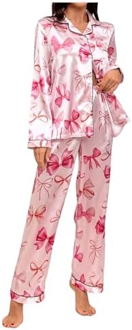 Silk Pajamas 2 Piece Satin Cute Bow Long Sleeve Button Down Shirt and Pants