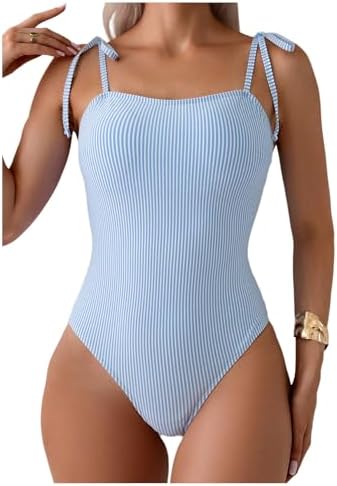 Striped One Piece Swimsuit Bow Tie Shoulder Summer Bathing Suit Light Blue