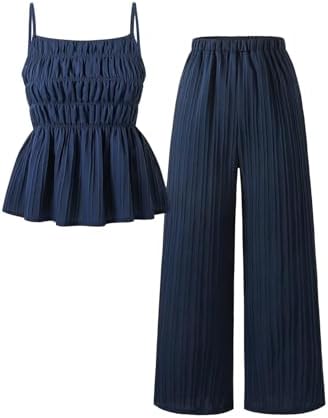 Teen Girl's 2 Piece Textured Outfits Ruffle Tiered Camisole Tops with Pants