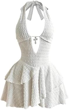 Textured Deep V Neck Halter Dresses Ruffle Layered Tie Backless Mini Dress
