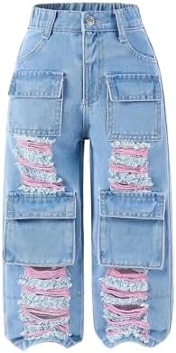 Toddler Girl's Distressed Ripped Jean Cargo Pants Y2K Leg Denim Pants with