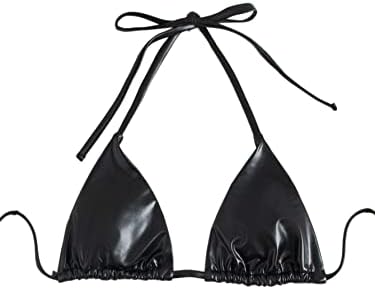 Triangle Bikini Top Self Tie PU Leather Halter Swim Top Black L