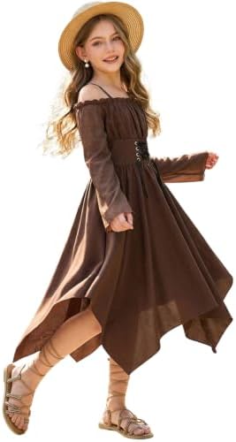 Tween Girls Dress Ruffle Lace Up Corset Dress Flare Sleeve Asymmetrical Long