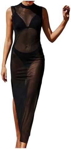Vacation Outfits Split Sheer Mesh Dress Mock Neck Sleeveless Going Out Dress