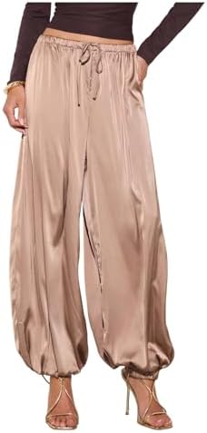 Wide Leg Satin Pants Pleated Joggers Elegant Lantern Pants Brown Medium
