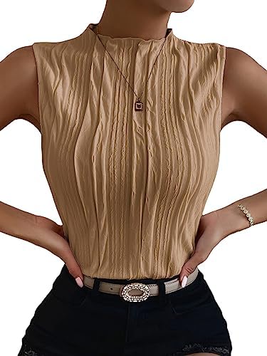 Women Mock Neck Textured Tank Top Corporate Business Office, Brown