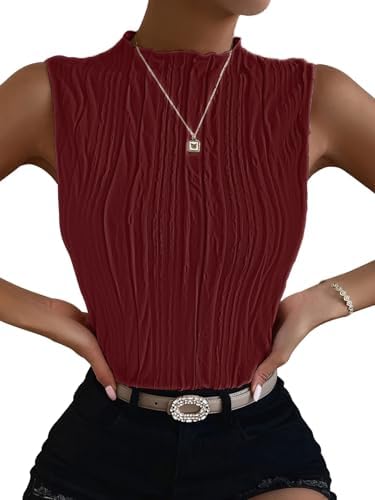 Women Mock Neck Textured Tank Top Corporate Business Office, Burgundy