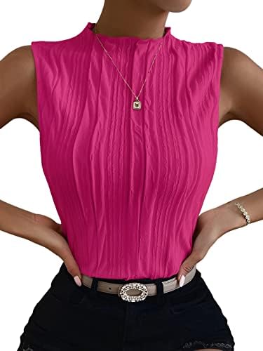 Women Mock Neck Textured Tank Top Corporate Business Office, Hot Pink