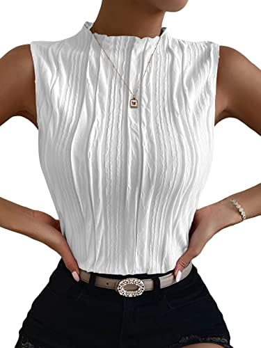 Women Mock Neck Textured Tank Top Corporate Business Office, White