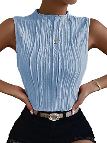 Women Mock Neck Textured Tank Top Corporate Business Office, Light Blue