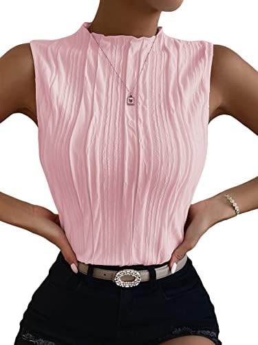 Women Mock Neck Textured Tank Top Corporate Business Office, Light Pink