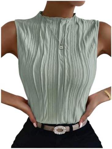 Women Mock Neck Textured Tank Top Corporate Business Office, Lime Cream