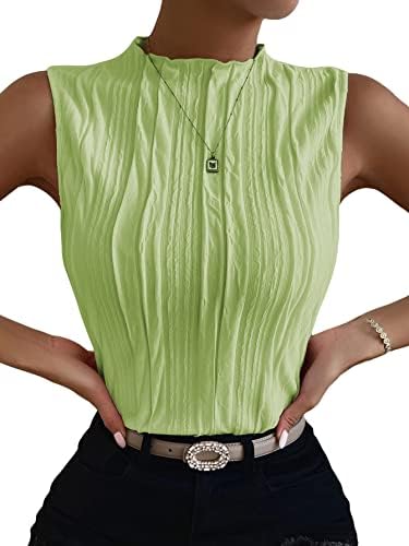 Women Mock Neck Textured Tank Top Corporate Business Office, Mint Green