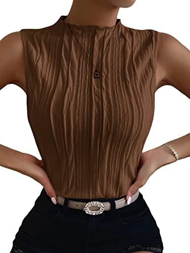 Women Mock Neck Textured Tank Top Corporate Business Office, Mocha Brown