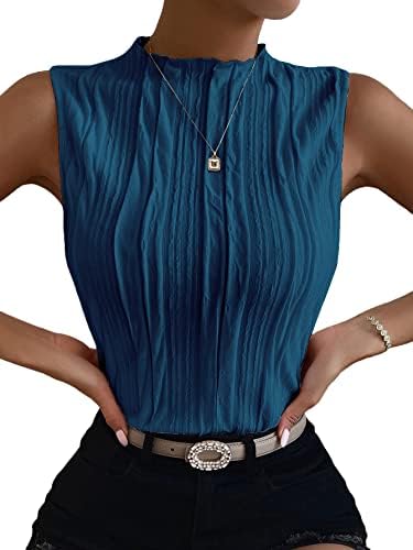 Women Mock Neck Textured Tank Top Corporate Business Office, Peacock Blue