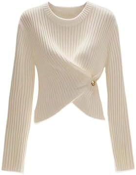 Wrap Sweater Cinched Waist Pullovers Fall Knit Tops White
