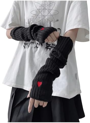 Y2k Arm Warmers Heart Knit Arm Sleeves Fingerless Gloves Black One-Size
