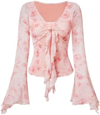 Y2K Cute Bell Sleeve Floral Print Mesh Tops 2000s Clothing