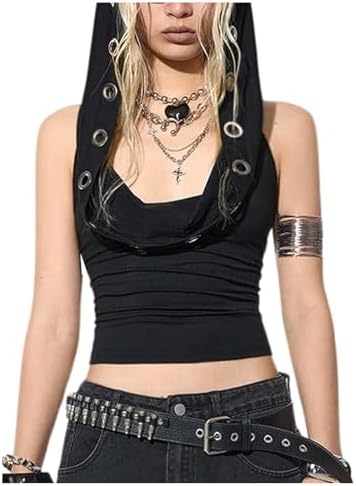 Y2K Goth Hoodie Grommet Eyelet Tops Grunge 2000s Clothes