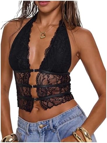 Y2k Goth Lace Tops Croset Sheer Halter Top Rave Going Out Outfits Sexy