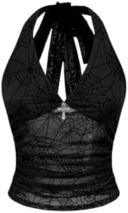 Y2k Grunge Goth Halter Tops Mesh Sheer Emo Rave Outfits