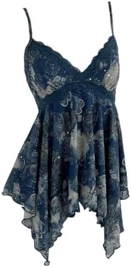 Y2K Lace Sequin Ruffle Peplum Babydoll Tops Blue