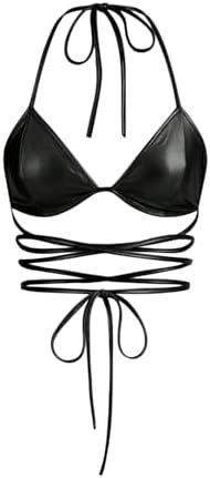Y2K PU Leather Backless Criss Cross Tie Sleeveless Halter Crop Top Black Small