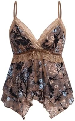 Y2K Tops Babydoll Tank Tops Going Out Lace Mesh Shirt Brown