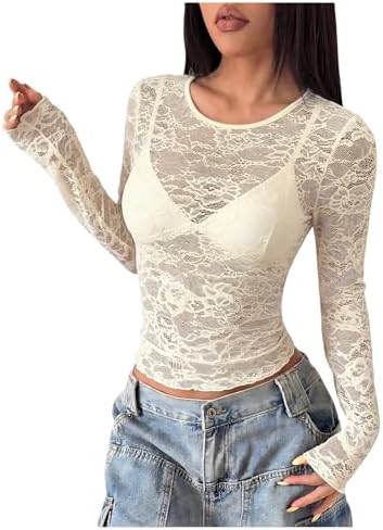 Y2k Tops Floral Lace Top Sheer Long Sleeve T Shirts Slim Fitted Date Night